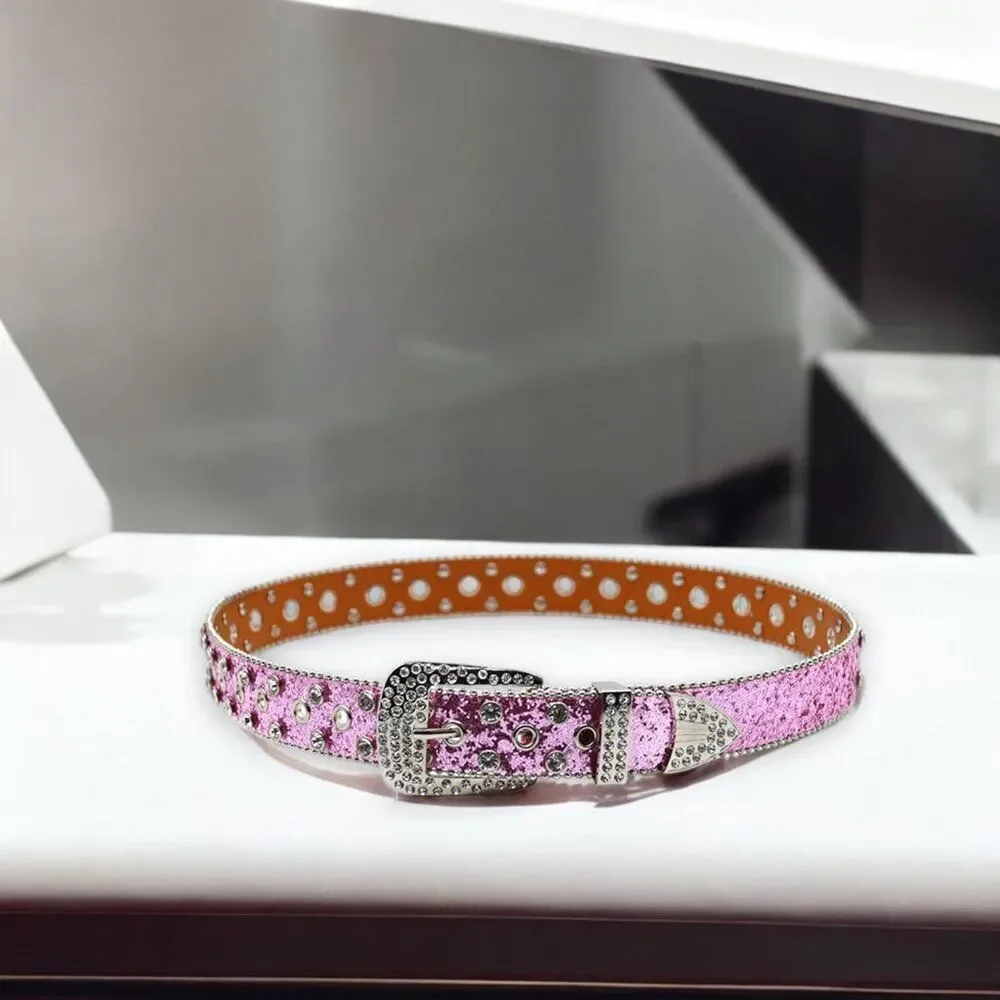 Y2K Rhinestone Bling Western Belt, Hot Pink Glitter, McBling Cowgirl